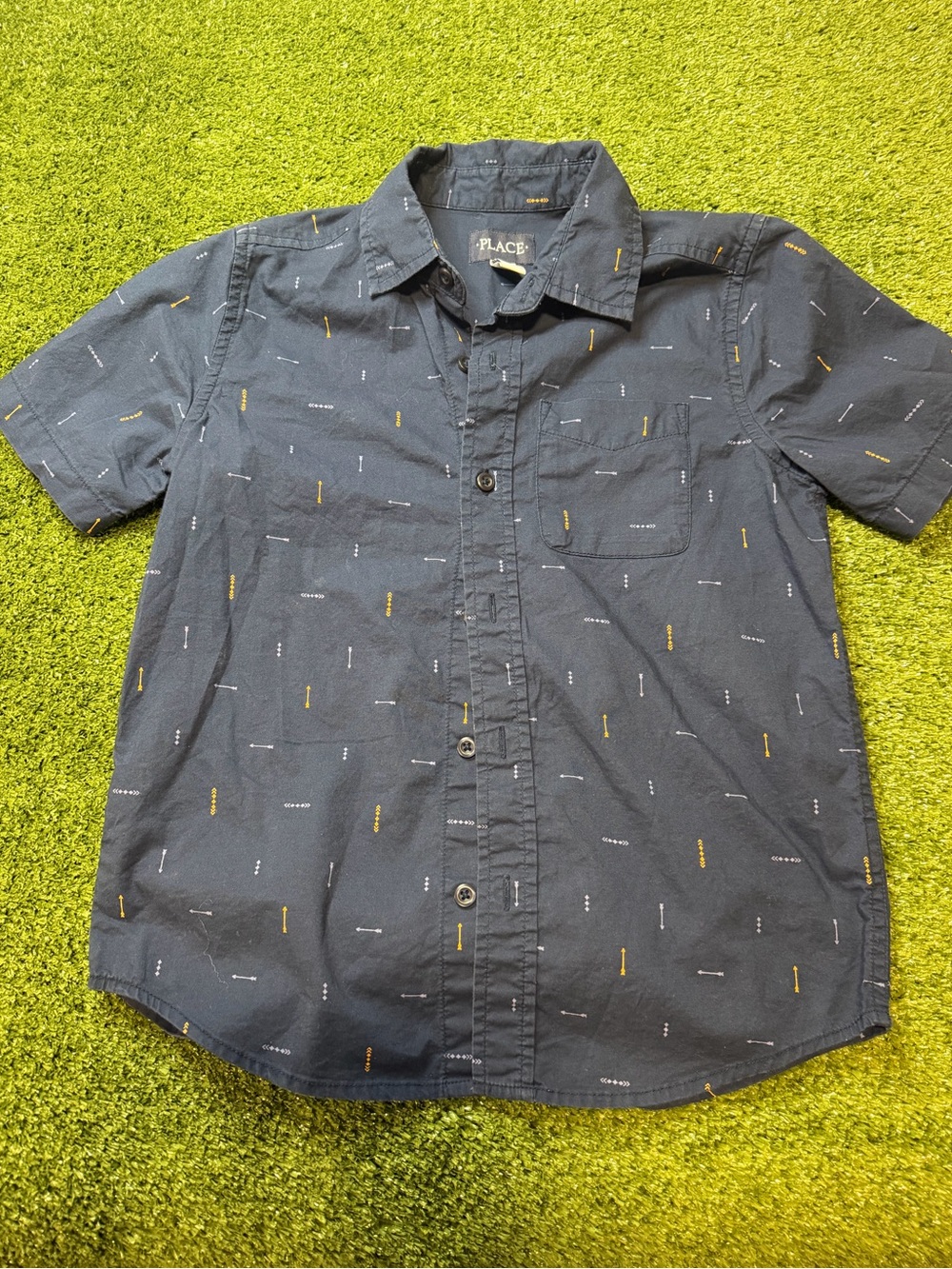 The Children's Place Navy Short Sleeve Button-Down Shirt with Yellow Accent
